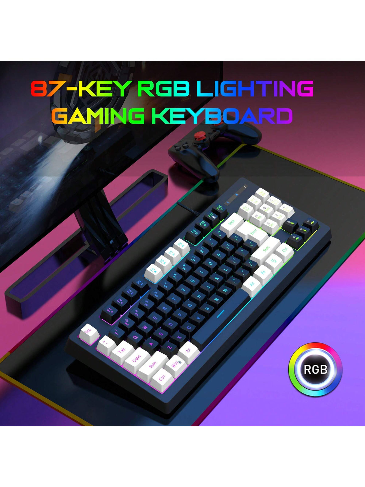Snpurdiri Rgb Illuminated, Compact Gaming Keyboard, Usb Cable 87-Key Gaming Keyboard, Led Rainbow Backlit Keyboard, Membrane Keyboard, Suitable for Laptop, Pc Gaming, and Work Keyboard